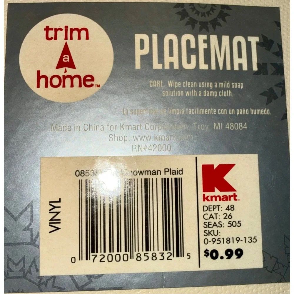 Trim A Home Placemats Set of 4 Snowman Plaid Vinyl Round Christmas